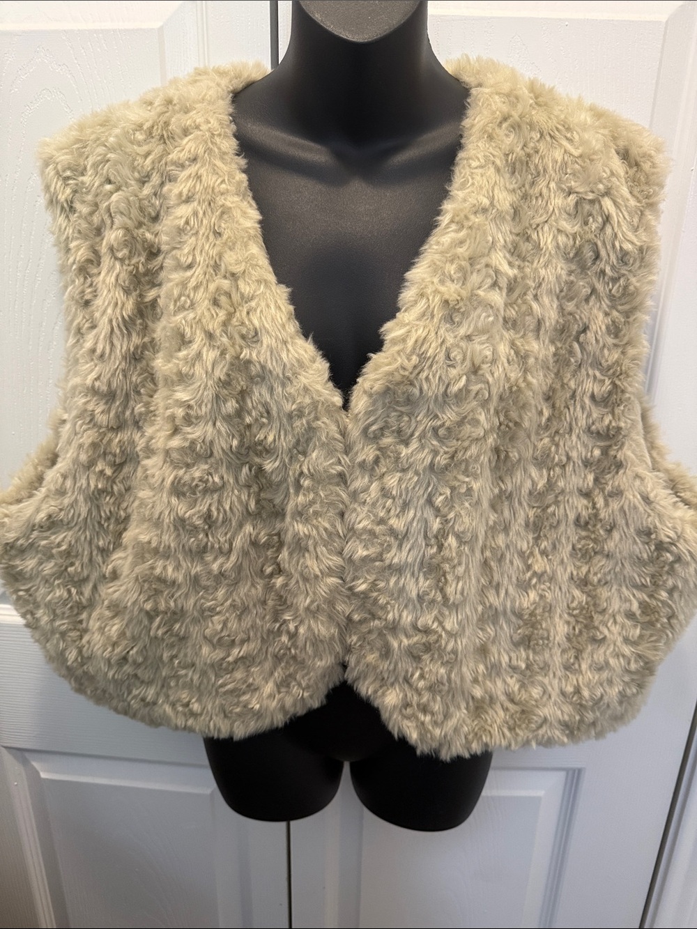 Cato Plush Faux Fur V-Neck Vest in Beige